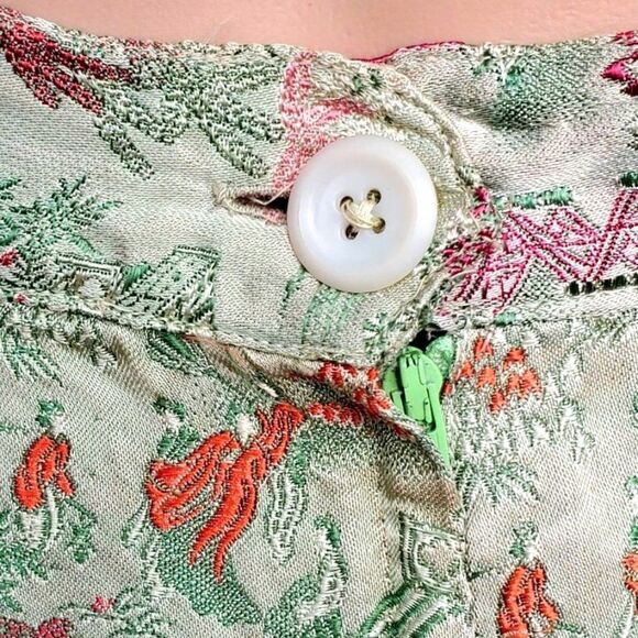 Vintage 70s Cropped Pants 4 Chinese Capri Pedal Pusher Brocade Green - Picture 9 of 10